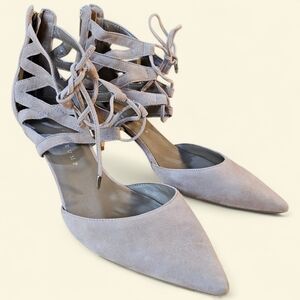 Ivanka Trump Necila Beige Pointed Toe Suede Lace Up Heels